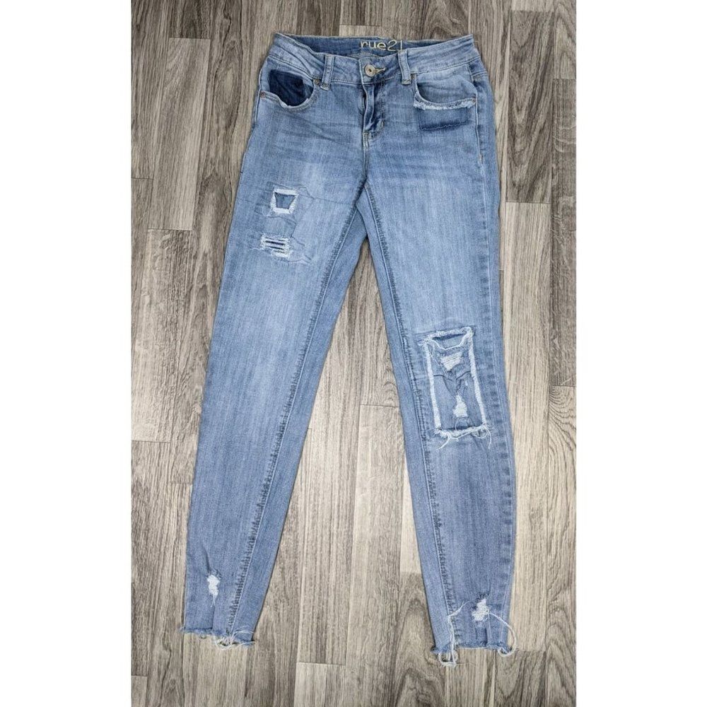 Rue 21 Size 0 Distressed Fringe‎ Hem Mid Rise Stretch Ankle Denim Jeggings